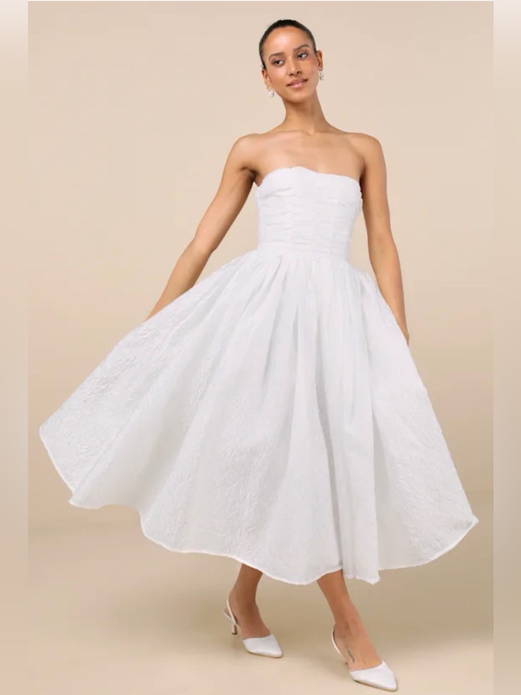 Nwt Lulu’s Strapless White Midi Dress - Elegant Textured A-Line, Lace Up Back